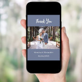 Stoffige blauwe moderne trouwfoto dank u kaart