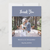 Stoffige blauwe moderne trouwfoto dank u kaart (Voorkant)