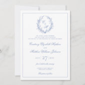 Stoffige Blauwe Monogram Botanische Krans Bruiloft Kaart (Voorkant)