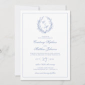 Stoffige Blauwe Monogram Botanische Krans Bruiloft Kaart (Voorkant)