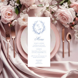 Stoffige Blauwe Monogram Botanische Krans Bruiloft Menu