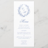 Stoffige Blauwe Monogram Botanische Krans Bruiloft Menu (Voorkant)