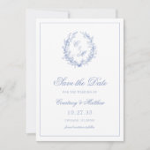 Stoffige Blauwe Monogram Botanische Krans Bruiloft Save The Date (Voorkant)