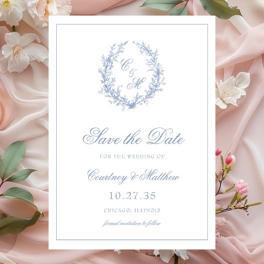 Stoffige Blauwe Monogram Botanische Krans Bruiloft Save The Date