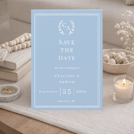 Stoffige blauwe monogram krans bruiloft save the date