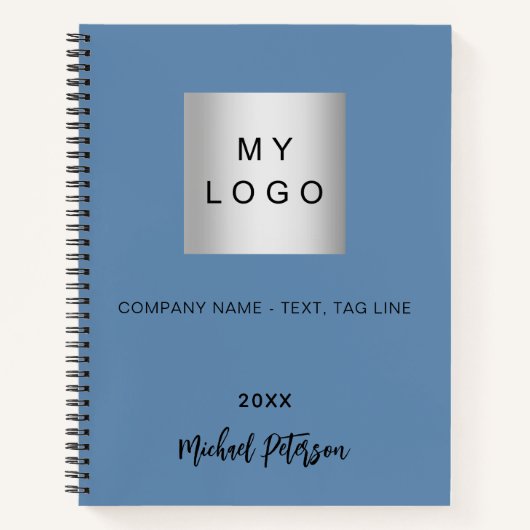 Stoffige blauwe naam script business logo notitieboek (Voorkant)