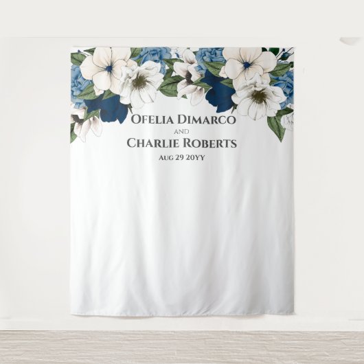 Stoffige Blauwe Navy Witte Waterverf Achterwand Wandkleed (Voorkant)