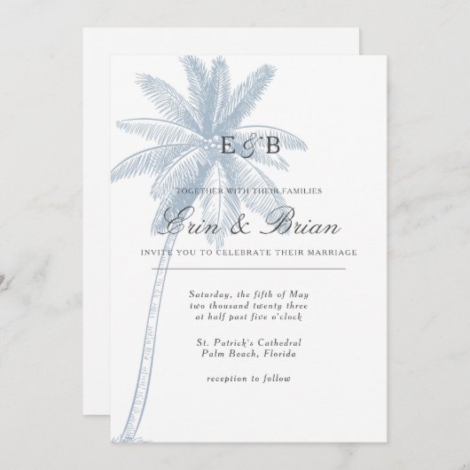 Stoffige Blauwe Palmboom Bruiloft Uitnodiging mini (Voorkant / Achterkant)