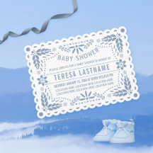 Stoffige blauwe papel picado witte baby boy douche