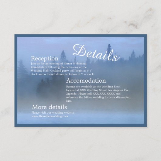 stoffige blauwe pastel bos landschap Bruiloft Informatiekaartje (Voorkant)
