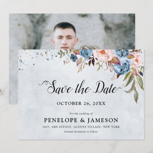 Stoffige Blauwe Perzik Bloesem Botanische Bloemige Save The Date (Voorkant / Achterkant)