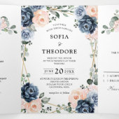 Stoffige Blauwe Perzik Blos Geometrische Bloemen B Drieluik Aankondiging (Binnenkant midden)