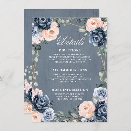 Stoffige Blauwe Perzik Blush Geometrische Trouwdet Informatiekaartje (Voorkant / Achterkant)