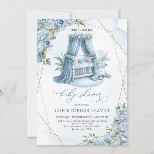 Stoffige blauwe pioenen baby wieg gouden lijst jon kaart (Voorkant)