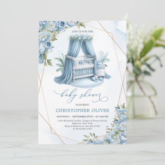 Stoffige blauwe pioenen baby wieg gouden lijst jon kaart (Staand voorkant)