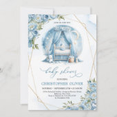 Stoffige blauwe pioenen baby wieg gouden lijst jon kaart (Voorkant)