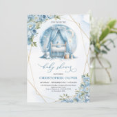 Stoffige blauwe pioenen baby wieg gouden lijst jon kaart (Staand voorkant)