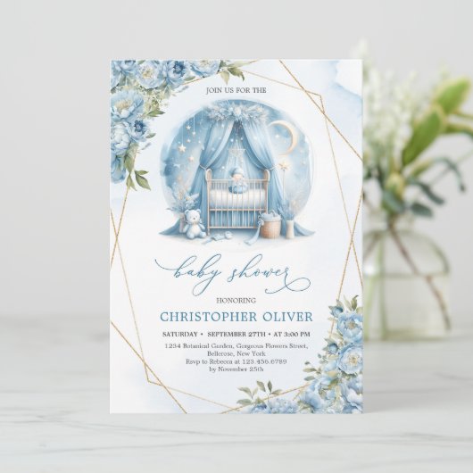 Stoffige blauwe pioenen baby wieg gouden lijst jon kaart (Staand voorkant)