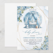 Stoffige blauwe pioenen baby wieg gouden lijst jon kaart (Voorkant / Achterkant)