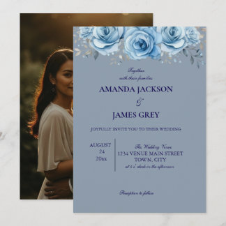 Stoffige Blauwe Roos Bloem Foto Achterkant Trouw Kaart
