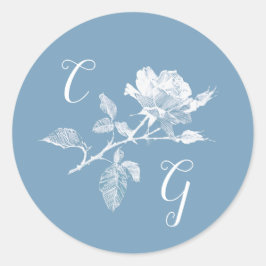 Stoffige Blauwe Roos Lijnkunst Monogram Bruiloft Ronde Sticker