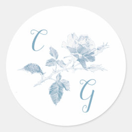 Stoffige Blauwe Roos Lijnkunst Monogram Trouwdag Ronde Sticker