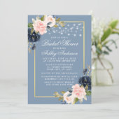 Stoffige Blauwe Roze Bloem Slingerlichten Bruidsdo Kaart (Staand voorkant)