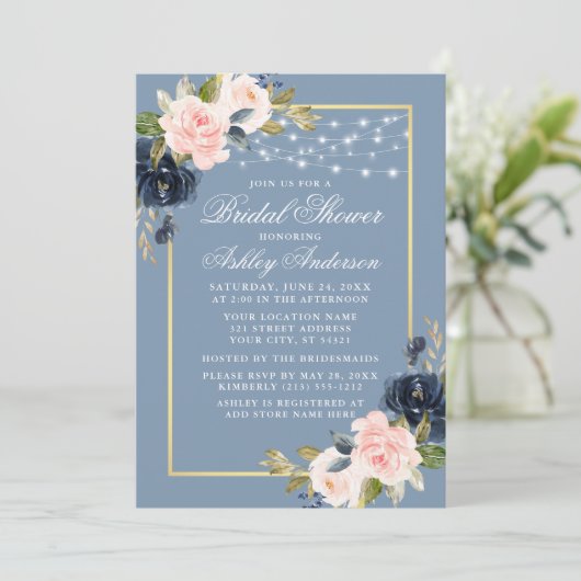 Stoffige Blauwe Roze Bloem Slingerlichten Bruidsdo Kaart (Staand voorkant)