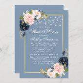 Stoffige Blauwe Roze Bloem Slingerlichten Bruidsdo Kaart (Voorkant / Achterkant)