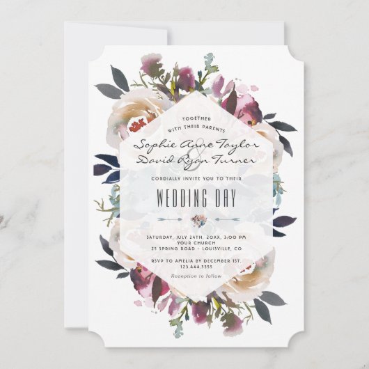 Stoffige Blauwe Roze Bloemboeket Geometrische Huwe Kaart (Voorkant)