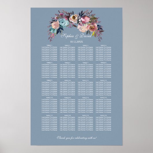 Stoffige Blauwe Roze Bloemige Zitplaats Grafiek 16 Poster (Voorkant)