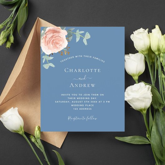 Stoffige blauwe roze gouden budget QR RSVP bruilof