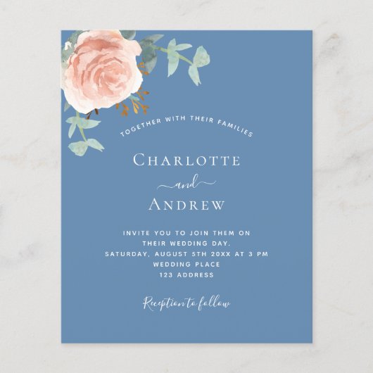 Stoffige blauwe roze gouden budget QR RSVP bruilof (Voorkant)