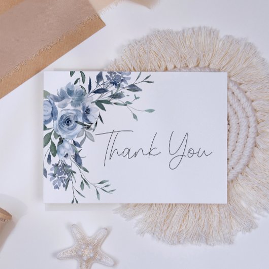 Stoffige Blauwe Rozen Bloemen Script Bruiloft Bedankkaart