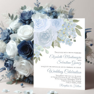 Stoffige Blauwe Rozen & Bloesems Elegante Trouwcer Kaart