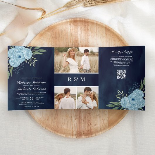 Stoffige Blauwe Rozen Foto Navyblauwe QR-code Trou Drieluik Uitnodiging
