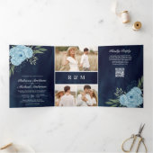Stoffige Blauwe Rozen Foto Navyblauwe QR-code Trou Drieluik Uitnodiging (Binnen)