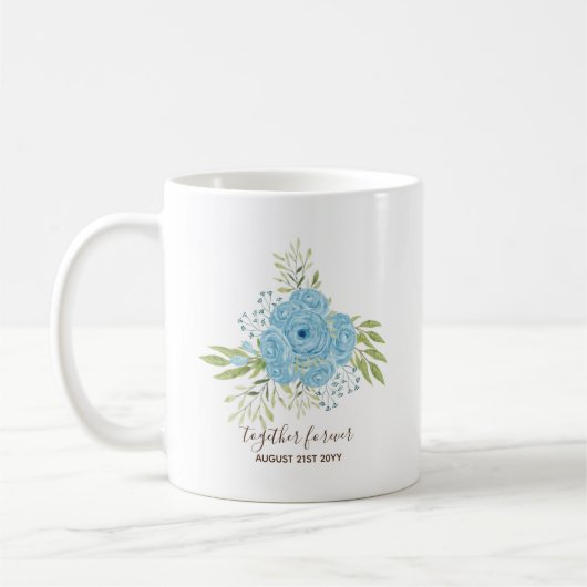 Stoffige blauwe rozen Huwelijksgeschenk Persoonlij Koffiemok (Links)
