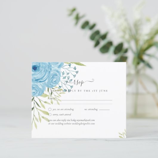 Stoffige Blauwe Rozen Lime Bladeren Trouwbudget (Staand voorkant)