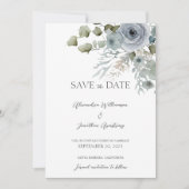 Stoffige Blauwe Rozen op Witte Bruiloft Save The Date (Voorkant)