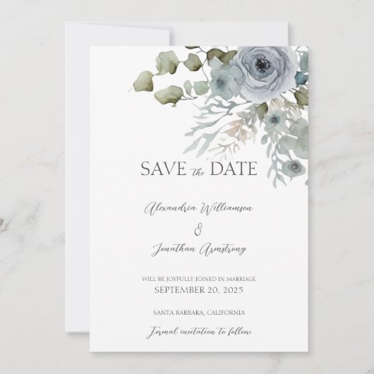 Stoffige Blauwe Rozen op Witte Bruiloft Save The Date (Voorkant)