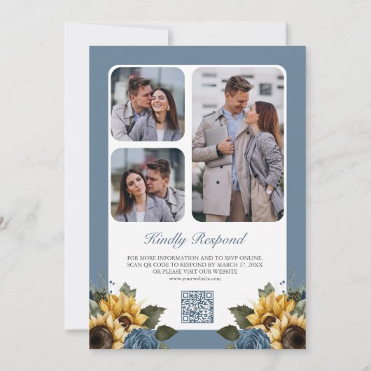 Stoffige Blauwe Rozen Zonnebloemen Foto QR Code Br Kaart (Achterkant)