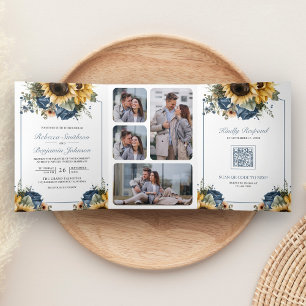 Stoffige Blauwe Rozen Zonnebloemen Foto QR Code Tr Drieluik Uitnodiging