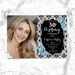 Stoffige Blauwe Rozen Zwart Damask Foto 50e Verjaa Kaart<br><div class="desc">Elegante bloemenvrouwelijke 50e verjaardagsuitnodiging met uw foto. Glam zwart wit licht stoffig blauw ontwerp met faux glitter zilver. Beschikt over zwart-wit damast patroon, blauwe rozen, script lettertype en confetti. Perfect voor een stijlvol volwassen feestje. Personaliseer met je eigen gegevens. Kan voor om het even welke leeftijd worden aangepast! Gedrukte Zazzle-uitnodigingen...</div>