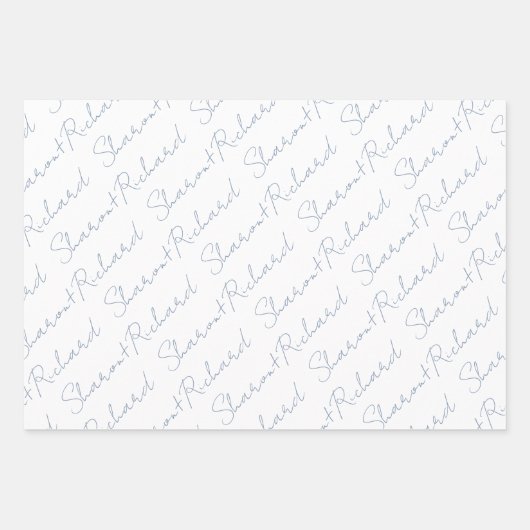 Stoffige blauwe script kalligrafie namen bruiloft inpakpapier vel (Voorkant 3)