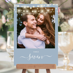 Stoffige blauwe slingerlicht foto tafelnummer