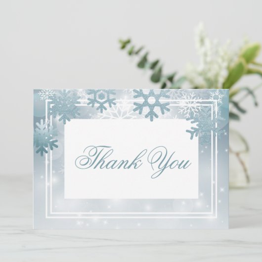 Stoffige Blauwe Sneeuwvlok Moderne Bruiloft Bedankkaart (Staand voorkant)