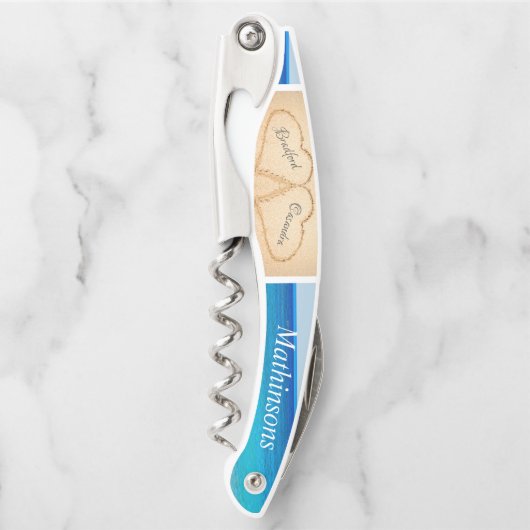 Stoffige Blauwe Strand Bruiloft 2 Hart Zand Kurkentrekker (Voorkant)