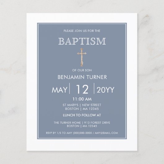 Stoffige blauwe streep | Uitnodiging voor de doop (Voorkant)
