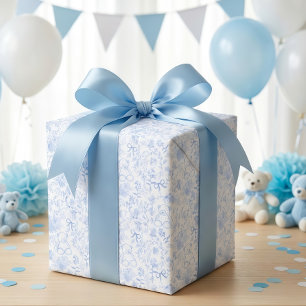 Stoffige Blauwe Strik Bloemige Vintage Jongens Bab Cadeaupapier